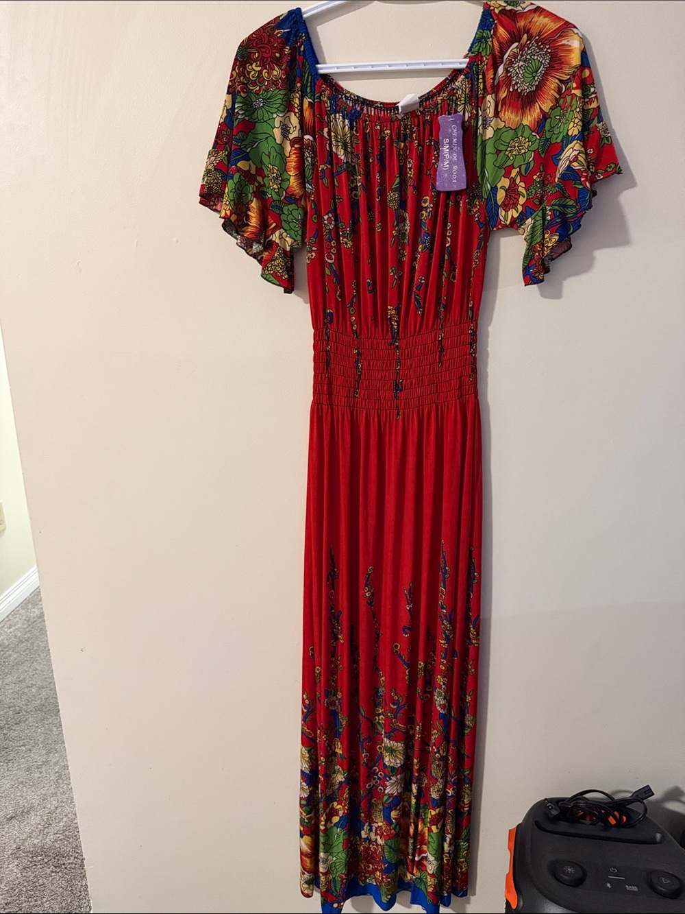 Red Floral Off-Shoulder Maxi Dress - Women's